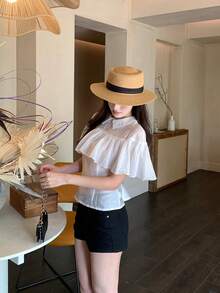 DAZY Women's Korean Style Solid Color Long Sleeve Blouse With Lapel And Ruffle Trim, Spring/Summer - White - View 5