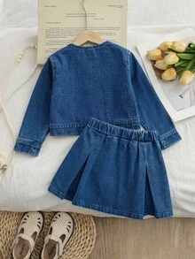 Girls' Autumn/Spring Denim 2-Piece Set, Baby Blue Washed Denim Jacket With Pockets, Rhinestone Bow, High-Waist A-Line Skirt, Pleated Design, School - Blue - View 2