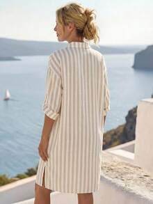 SHEIN LUNE Women's Vintage Khaki Striped Print Roll-Up Sleeve Front Button-Down Shirt Dress For Vacation - Multicolor - View 2