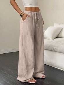 EMERY ROSE Pantalones casuales de mujer de unicolor con cintura elástica y cuerda decorativa, con bolsillos, talla grande, verano & otoño - Caqui - Ver 6