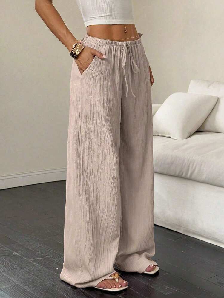 EMERY ROSE Pantalones casuales de mujer de unicolor con cintura elástica y cuerda decorativa, con bolsillos, talla grande, verano & otoño - Caqui - Añade 6
