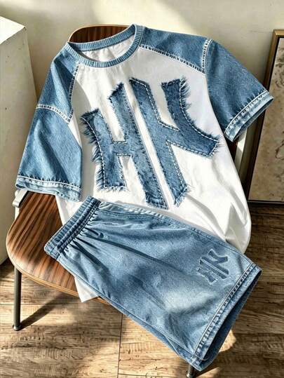 2pcs/Set Boys Letter Retro Denim Style HK English Slogan Graphic Print Colorblock Blue & White Minimalist Digital Print Casual Vacation Comfortable Round Neck T-Shirt & White Print Shorts Set, Short Sleeve Top & Shorts, Suitable For All Seasons