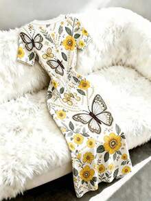 SHEIN Franclia Summer Elegant Floral & Butterfly Print Front Button Dress - Multicolor - View 2