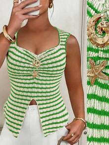 Vionelle Plus Size Women's Striped Colorblock Metal Decor Casual Versatile Everyday Top - Green - View 1