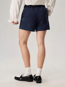 Solid Color Drawstring Pocket Casual Loose Knit Shorts, Versatile For Summer Daily Wear, Vacation, Father's Day Gifts - Navy Blue - View 4