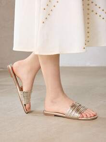 MOTF WOMEN'S MINIMALIST STYLE METAL THIN STRAP OPEN-TOED SANDALS, SQUARE TOE MULTI-STRAP PARTY FLAT SLIPPERS AND VACATION BEACH SHOES - Gold - View 5