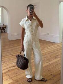 Livesso Women's Long Denim Overalls And Jumpsuit With Collar And Cinched Waist - White - View 8