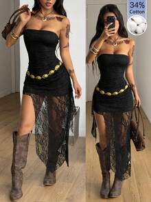 Coolane Women's Summer Streetwear Y2K Chic Date Night Vacation Music Festival  Lace Concert Sleeveless Asymmetrical 34%Cotton Dress,Black For Women - Black - View 2
