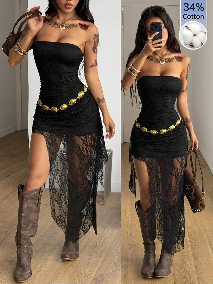 Coolane Women's Summer Streetwear Y2K Chic Date Night Vacation Music Festival  Lace Concert Sleeveless Asymmetrical 34%Cotton Dress,Black For Women