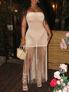 Slaydiva White Strapless Crochet Mesh Hollow Out Fringe Hem Maxi Dress - Sexy Boho Beach Vacation Club Dress Summer - Apricot - View 3