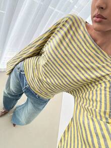 Siren Gaze Retro Striped Boat Neck Loose Top | Batwing Sleeve Slimming Cropped Top - Casual Vacation/Everyday Style - Green - View 8