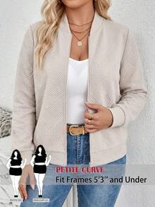SHEIN PETITE CURVE 大尺碼女款純色長袖前拉鍊休閒棒球夾克 - 卡其色 - 查看 2