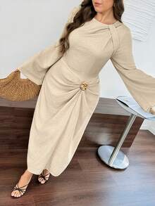SHEIN LUNE Plus Size Casual Elegant Traditional Bell Sleeve Metal Decor Dress Autumn Formal Evening Tea Party Cocktail Wedding Guest Beige - Apricot - View 4
