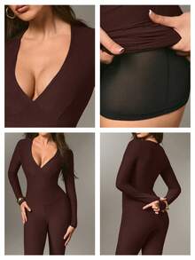 Nuvra Women's Long Sleeve V-Neck Double Layer Shapewear Pants With Lining, Waist Cinching And Butt Lifting - Brown - View 3