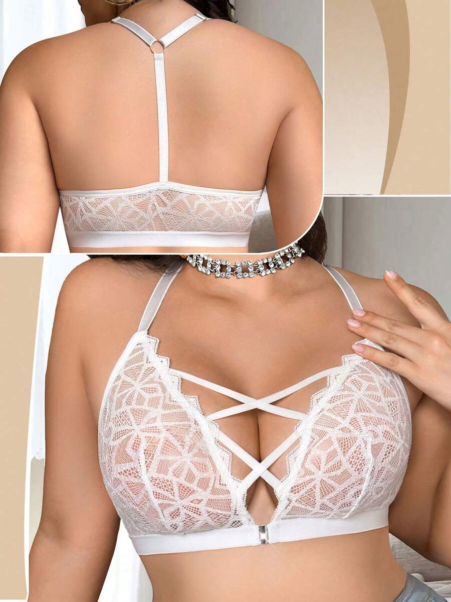SHEIN Front Closure Lace Plus Size Wireless Bra, 1pc - White - View 1