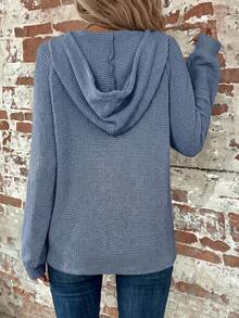 SHEIN LUNE Women's Solid Color Raglan Long Sleeve Button Half-Placket Drawstring Hooded Sweatshirt - Blue - View 2
