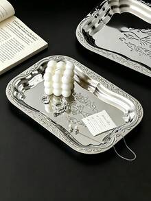 1PC Stainless Steel Multi-Purpose Rectangular Tray, Embossed Metal Fruit Bowl, Stainless Steel Decorative Tray, Jewelry And Cosmetics Storage Box, Bathroom Shelf, Storage Tray - Silver - View 5