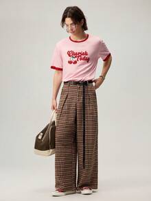 Men's Summer Cherry Letter Print Crew Neck Short Sleeve Casual T-Shirt - Pink - View 2
