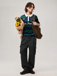 Men Flap Pocket Side Drawstring Waist Oversize Cargo Pants, Fall Wide Leg - Black - View 2