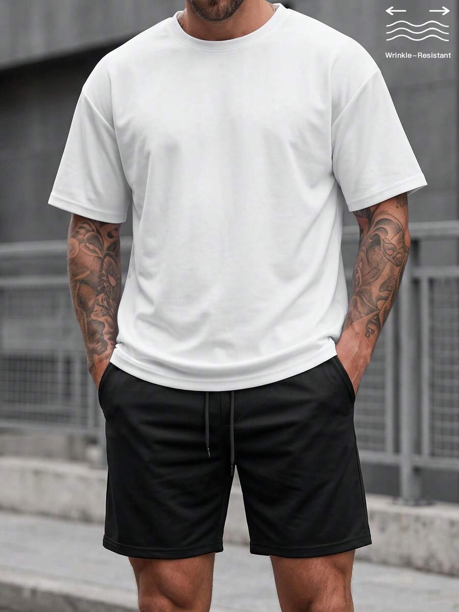Manfinity CasualCool 男士春夏短袖T恤短褲套裝,多色防皺面料,成熟休閒風格,適合日常街頭穿搭 - 彩色 - 查看 1