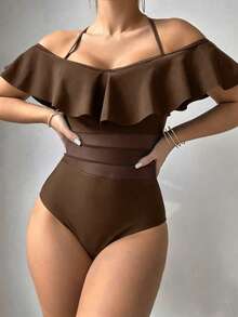 SHEIN Swim Traje de baño de una pieza con volantes, hombros descubiertos y cuello halter de unicolor para mujer para vacaciones - Café integral - Ver 3