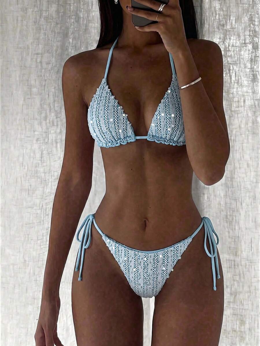Costavie Swim MOD 兩件式比基尼套裝 春夏度假款 亮片紋理面料 掛脖三角比基尼上衣與側綁帶比基尼褲 性感女款泳衣 - 淺藍色 - View 1