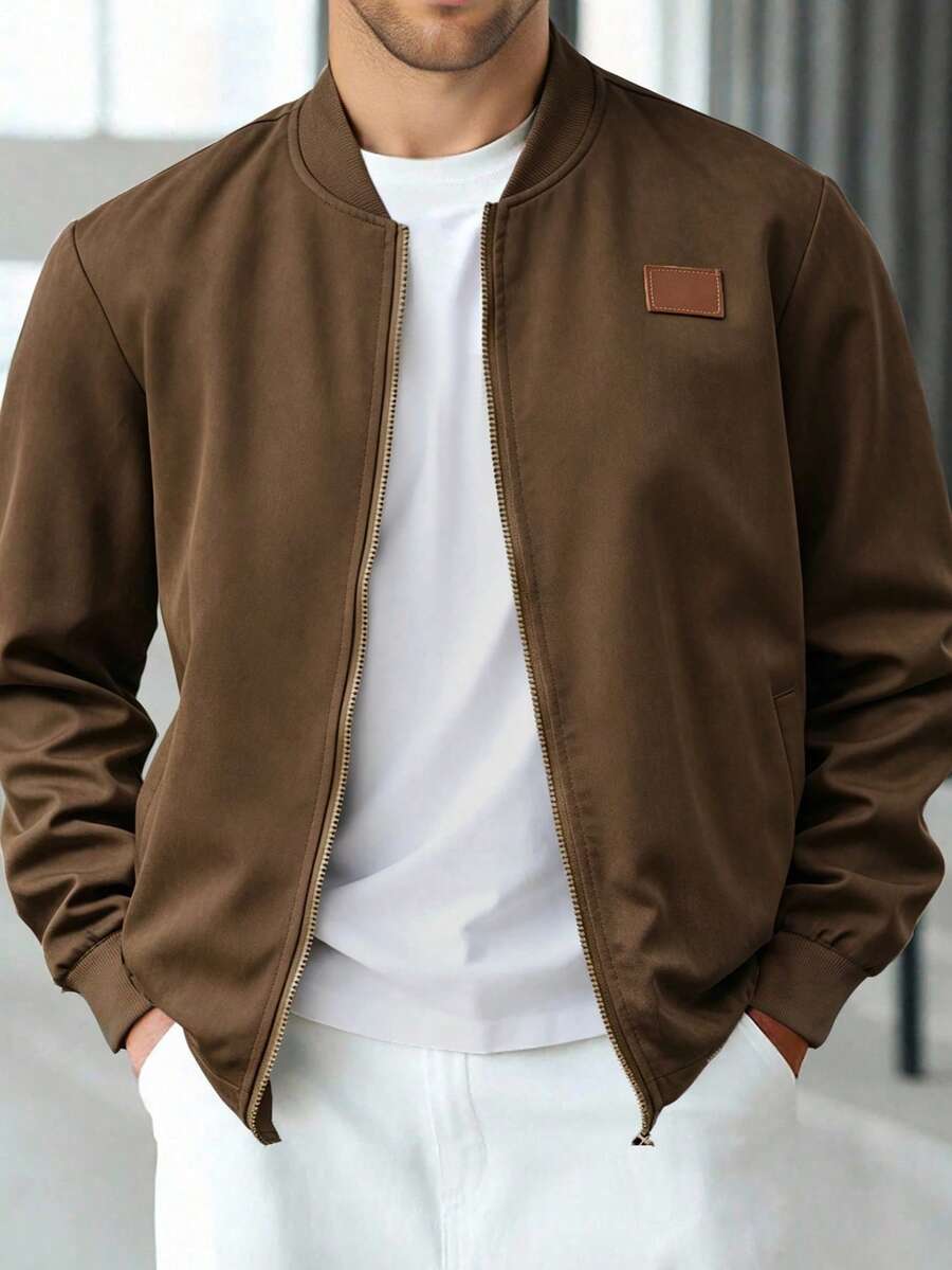 Manfinity Homme 男士牛仔設計長袖拉鍊棒球夾克 - 棕色 - 查看 1
