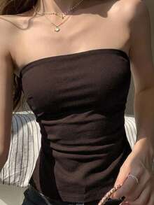 Strévra Women's Solid Color Pleated Bandeau Top, Fashionable For Vacation Tube Tops - Brown - View 6