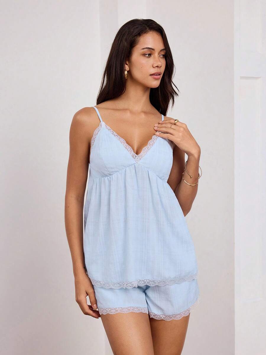 SHEIN Nuevo Conjunto de Pijama de Camisola y Pantalones Cortos con Estampado de Rayas Azules y Cuadros de Helado Dulce, Ropa de Estar en Casa con Ribete de Encaje y Patchwork para Mujer, Ligero para el Verano - Azul - Ver 1