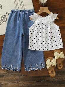 SHEIN Elladie kids 女童 2 件套套裝，甜美波點蕾絲荷葉領無袖鈕扣上衣 & 刺繡下擺牛仔寬腿褲套裝，夏季日常穿搭 - 白色 - 查看 2