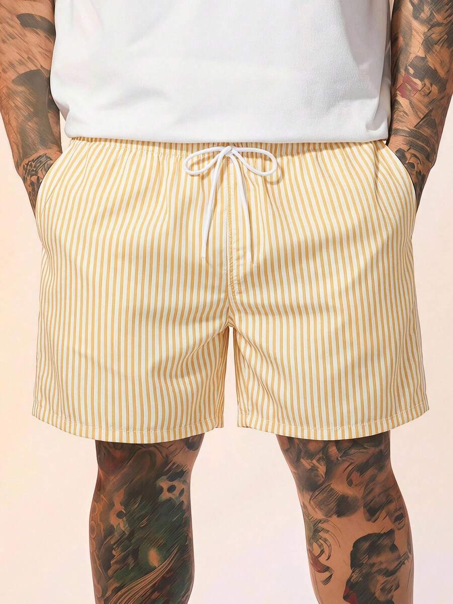 EASEVO 男士大尺碼夏季休閒條紋短褲 - 芥末黃 - 查看 1
