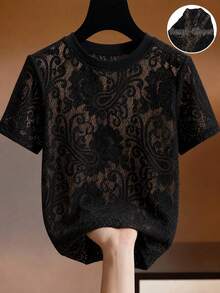 GlowEve Camiseta blanca de encaje floral de anacardo con manga corta transparente, top de malla con cuello redondo y diseño calado, estilo francés suave y elegante, apto para uso diario, ir al trabajo, citas y capas, adecuado para múltiples escenas, ligero para primavera/verano, diseño de hombros favorecedor con ajuste holgado - Negro - Ver 3