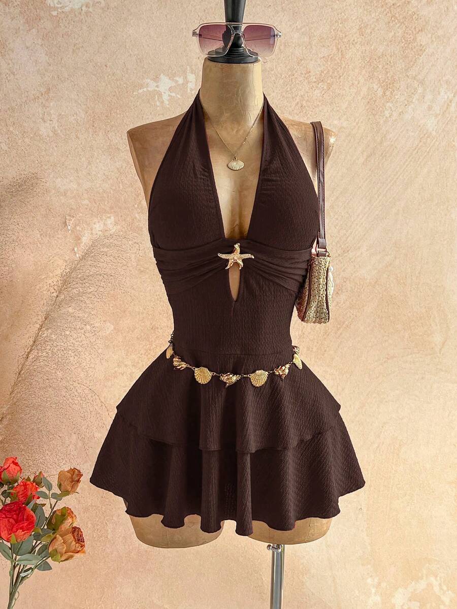 Soleia Women's Vacation Beach Vacation Backless Halter Mini Dress Dark Brown Summer Sexy Tropical - Coffee Brown - View 1