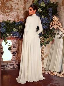 Aureia Elegant Formal Glamorous Elastic Knit Metallic Pleated Decor Round Neck Long Sleeve A-Line Dress With Flutter Sleeves, Suitable For Party Evening - Apricot - View 2