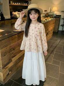 DAZY Blusa de cuello redondo con estampado floral lindo de manga larga para otoño para niñas jóvenes - Beis - Ver 7