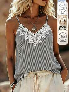 Louniche Women's Summer Lace Striped Vacation Tank Top - Black and White - View 1