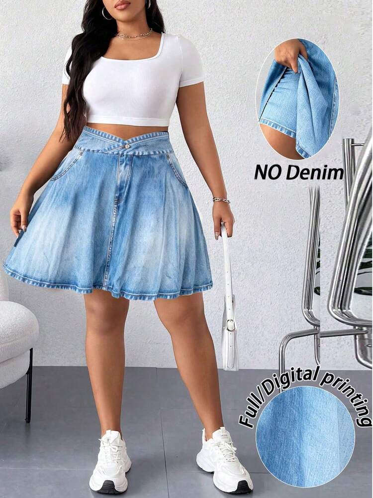 Elenzga Plus Size Women's Light Blue Summer Smart Casual High Waist Shorts Skirt,Faux Denim Print Stretchy Fashionable Sport Running Skorts - Baby Blue - View 3