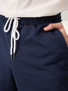 Solid Color Drawstring Pocket Casual Loose Knit Shorts, Versatile For Summer Daily Wear, Vacation, Father's Day Gifts - Navy Blue - View 9