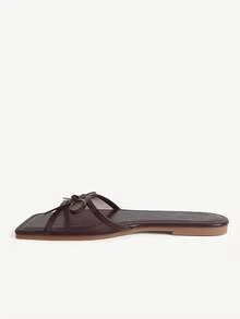 CUCCOO CHICEST Square Toe Bow Flat Bottom Sandals, Simple Belt Design, Casual Open-Toed Slippers For Daily Wear In Summer - Brown - View 6