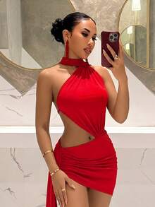 Slaydiva 女士性感露背迷你连衣裙，适合海滩、派对、酒吧、夜总会等场合 - 紅色 - 查看 8