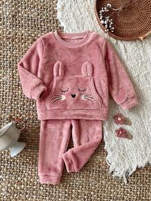 SHEIN 新生女嬰卡通刺繡3D耳朵設計衛衣與秋冬長褲套裝 - 粉色 - 查看 3