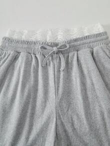 SHEIN Sparklyn Teen Girls Wide Leg Lace Patchwork Drawstring Waist Pocket Casual Sweatpants, Fall, Minimalist, Back To School, Outfit - Light Grey - View 4