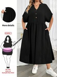 SHEIN CURVE+ 大尺碼女款純色缺口V領百褶休閒日常洋裝 - 黑色 - 查看 1
