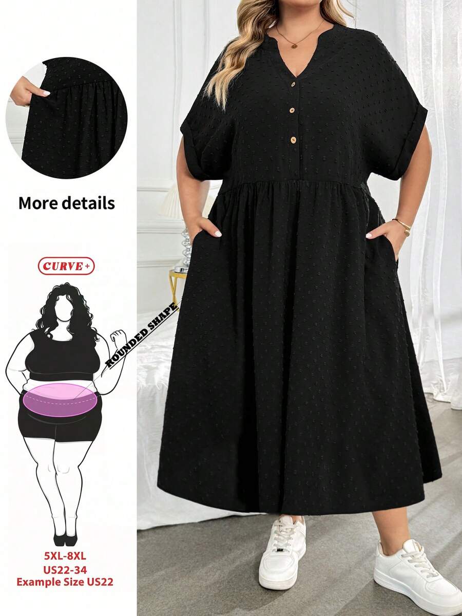 SHEIN CURVE+ 大尺碼女款純色缺口V領百褶休閒日常洋裝 - 黑色 - 查看 1