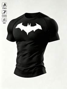 BATMAN X SHEIN Men's Bat Print Raglan Short Sleeve Sports T-Shirt, Gym - Black - View 7