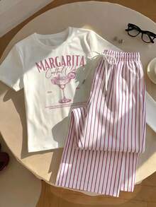 Comfortcana 2件組刺繡圓領短袖上衣與條紋印花長褲，休閒風 - 粉色 - 查看 6