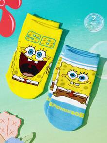 SpongeBob SquarePants | SHEIN 2雙加厚柔軟吸汗可愛卡通圖案兒童短襪 - 淺黃 - 查看 1