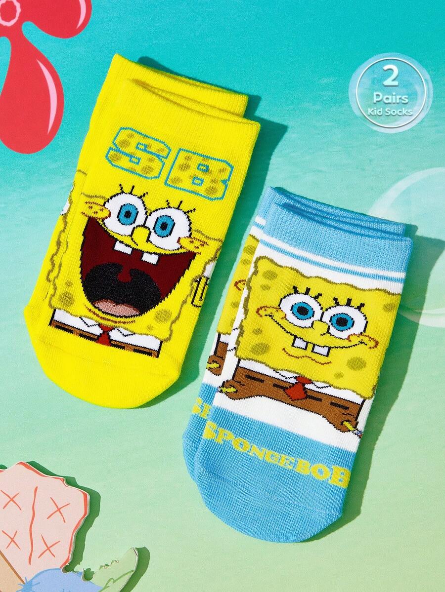 SpongeBob SquarePants | SHEIN 2雙加厚柔軟吸汗可愛卡通圖案兒童短襪 - 淺黃 - 查看 1