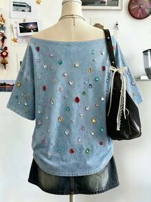 Lalippa 大尺碼女款彩色水鑽裝飾露肩袖 T-shirt - 彩色 - 查看 2