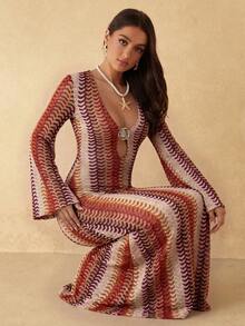 Silquee Vestido de malla de punto con cuello en V y manga larga para mujer, primavera/verano - Multicolor - Ver 6